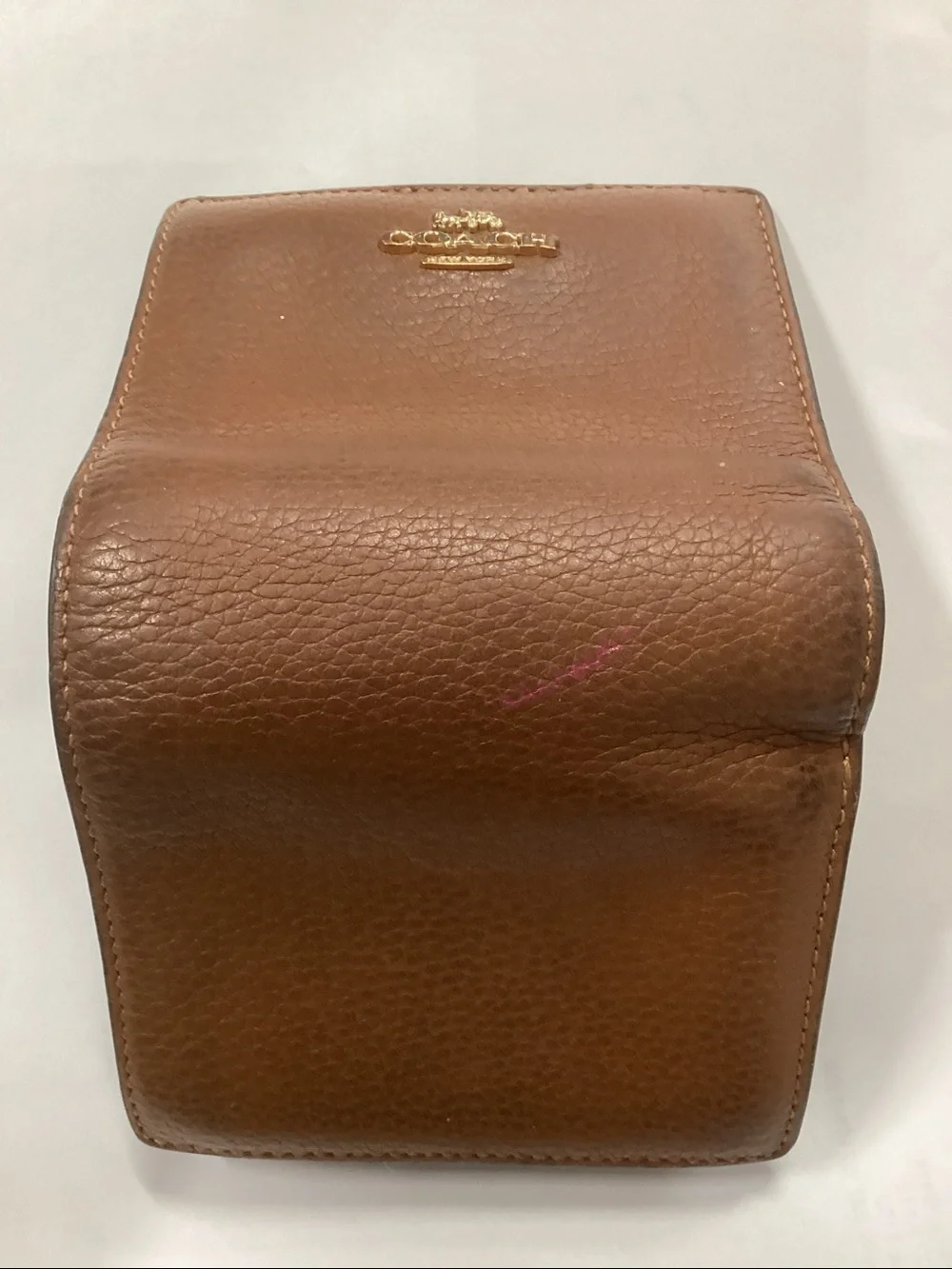Coach Pebbled Leather Compact Wallet in Chestnut Brown with Gold Accents